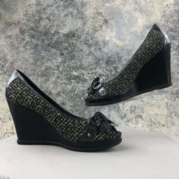 Sperry Women's Size 9.5M Top Sider Black Cream Tweed Peep Toe High Heel Wedges - Picture 9 of 13